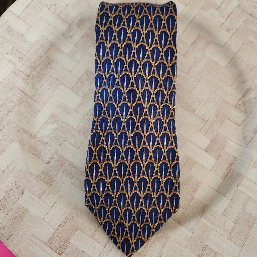 Cedric Brochier Soieries 100% Silk Neck Tie Blue Gold Eiffel Tower Paris 1889